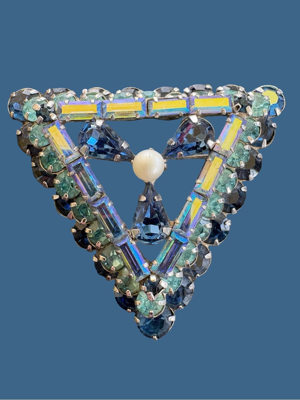 Vintage 1950’s Jay Kel Original Triangle Crystal Brooch with Pearl Accent